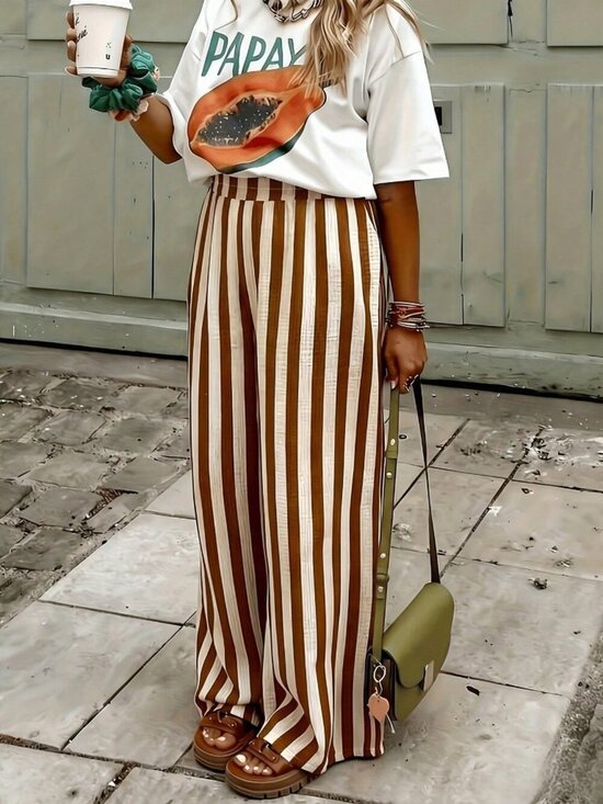 Pants - Brown Casual Women's Striped Woven Wide Leg Beach Pants